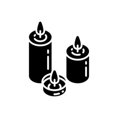 Candlelight black glyph icon. Atmosphere changing. Hygge element. Romantic mood. Silhouette symbol on white space. Home decoration. Burning candles. Lighting. Vector isolated illustration