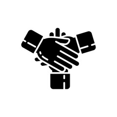 Friendly cooperation black glyph icon. Welcoming atmosphere. Unity, teamwork, partnership. Silhouette symbol on white space. Work in group. Problem solving. Vector isolated illustration