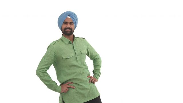 Funny Indian beard man performing shoulders dance. Rocking shoulders movement. Folk dance concept. Isolated on white background