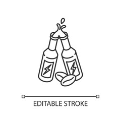 Caffeinated alcoholic drink linear icon. Energy beverage with coffee ingredient. Bottled product. Thin line customizable illustration. Contour symbol. Vector isolated outline drawing. Editable stroke