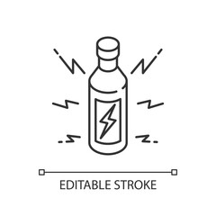 Energy drink linear icon. Beverage for power boost. Bottle with bolt sign. Energetic effect. Thin line customizable illustration. Contour symbol. Vector isolated outline drawing. Editable stroke
