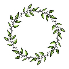 Botanical circle frame illustration with green leaves. Cartoon leaves frame graphic