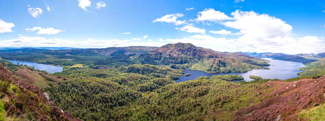 Fototapeta na wymiar View from Ben A'an hill over Loch Katrine and Loch Achray in the Trossachs in Scotland