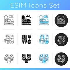 Train services icons set. Linear, black and RGB color styles. City travel, railroad transportation. Modern bullet train, first and second class tickets booking. Isolated vector illustrations