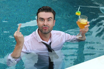 Drunk and wet businessman showing middle finger