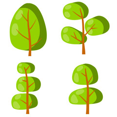 Set of trees for summer nature. Park and forest with green leaves. Plants of different shapes. Cartoon flat illustration