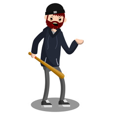 Man with baseball bat is extorting money. Problem of urban security. Thief at work. Extortion and robbery. Cartoon flat illustration. Rebel and riot
