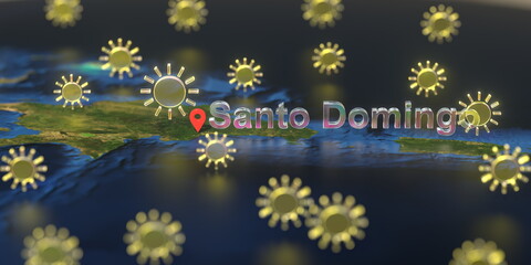 Sunny weather icons near Santo Domingo city on the map, weather forecast related 3D rendering
