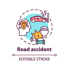 Road accident concept icon. Posttraumatic stress disorder idea thin line illustration. Treatment after motor vehicle collision. Vector isolated outline RGB color drawing. Editable stroke