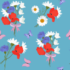 Seamless summer pattern with bouquets of flowers. Poppies, daisies, cornflowers, bells and butterflies