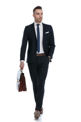 Confident businessman holding hand in pocket and briefcase