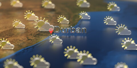 Partly cloudy weather icons near Durban city on the map, weather forecast related 3D rendering
