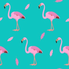 Seamless pattern with cute pink flamingo.