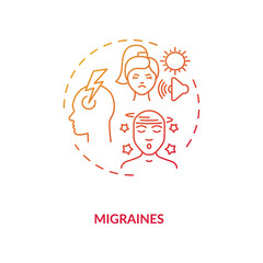 Migraines concept icon. Headache trigger idea thin line illustration. Prevalent neurological disease. Pulsing sensation. Light, sound, smell sensitivity. Vector isolated outline RGB color drawing