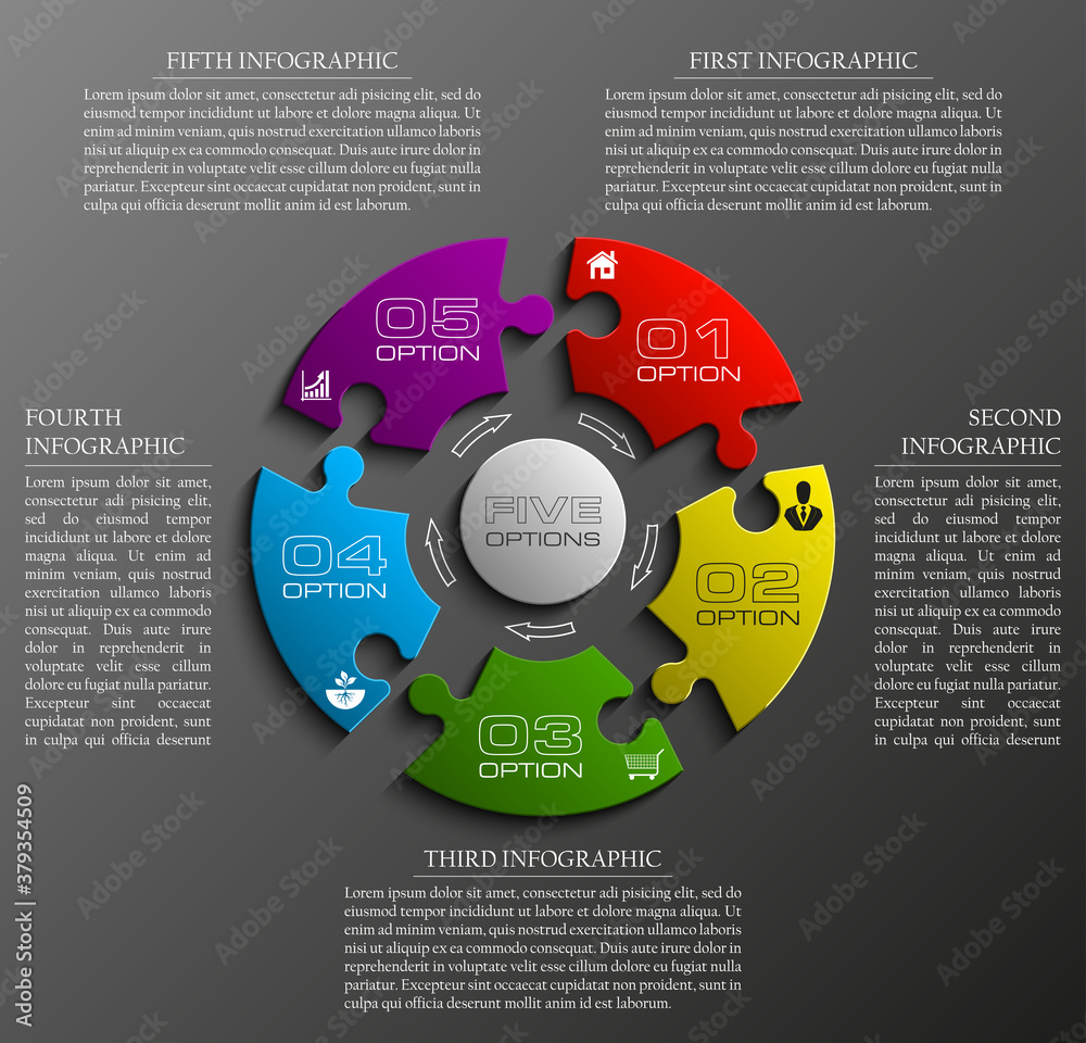 Leinwandbilder Five sided 3d puzzle presentation infographic template with explanatory text field for business statistics