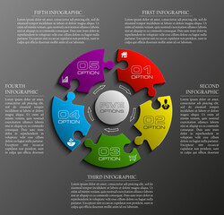 Five sided 3d puzzle presentation infographic template with explanatory text field for business statistics