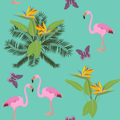 Seamless vector illustration with tropical plants and pink flamingo.