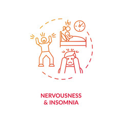 Nervousness and insomnia concept icon. Nervous exhaustion idea thin line illustration. Energy drinks negative effects. Restlessness. Stress and anxiety. Vector isolated outline RGB color drawing