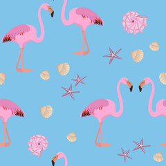 Seamless summer pattern with pink flamingos and sea shells