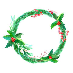 Watercolor Christmas Wreath with Holly,pine,spruce,leaves,berries on white background.New Year
