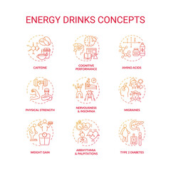 Energy drinks concept icons set. Health problems idea thin line RGB color illustrations. Weight gain. Cognitive performance. Amino acids. Physical strength. Vector isolated outline drawings
