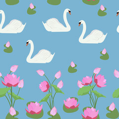 Seamless vector beautiful illustration with swans and lotus