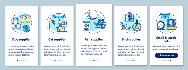 Naklejka premium Pet store offers onboarding mobile app page screen with concepts. Animal supplies store ideas walkthrough 5 steps graphic instructions. UI vector template with RGB color illustrations