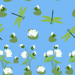 Fototapeta na wymiar Seamless vector illustration with lotus flowers and dragonflies