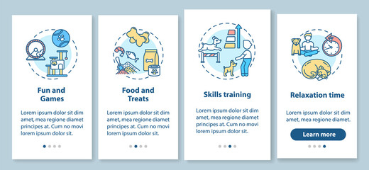Dogs day camp services onboarding mobile app page screen with concepts. Animal skills upgrading ideas walkthrough 4 steps graphic instructions. UI vector template with RGB color illustrations