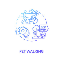 Pet walking concept icon. Pet services options. Animal best time spending types. Park walking time. Activities idea thin line illustration. Vector isolated outline RGB color drawing.