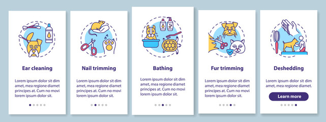 Obraz na płótnie Canvas Grooming services types onboarding mobile app page screen with concepts. Animal health care store ideas walkthrough 5 steps graphic instructions. UI vector template with RGB color illustrations