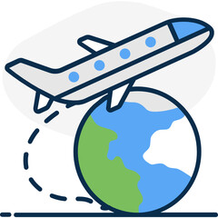 Globe with aeroplane symbolising air travel icon