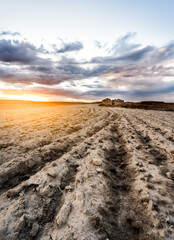Sol de atardecer en campo labrado 