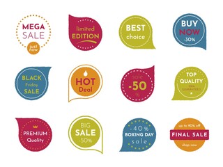 Sale offer badges. Abstract promotion stickers round price label, retro seal best price button. Seller offer stamp set, vector illustration