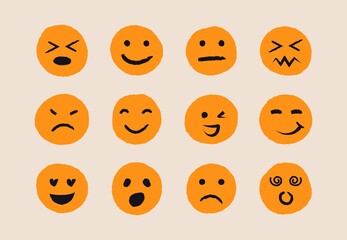 Abstract doodle avatars. Hand drawn ink emoji faces, emoticons sketch ink brush icons of happy sad face. Vector illustration