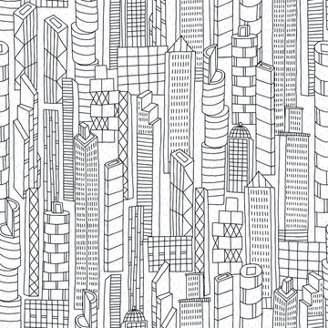 Seamless pattern of city. Creative vector background for fabric, textile, nursery wallpaper. Hand painted city.