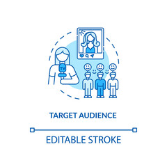 Target audience concept icon. Communication strategy components. Smart cooperation speech tips idea thin line illustration. Vector isolated outline RGB color drawing. Editable stroke