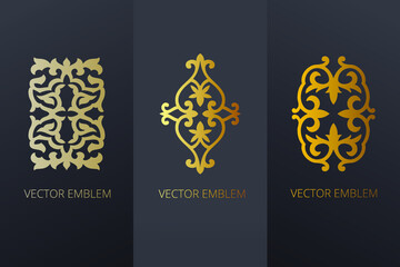 Golden ornament of curls and spirals on black background. 3d ramadan islamic round pattern elements. Geometric logo template set. Circular ornamental arabic symbols. Vintage floral seamless pattern.