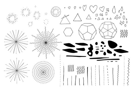 Hand drawn doodle set of black line art in boho style. Abstract design elements and geometry figures. Isolated on white background. Vector