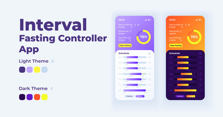 Interval fasting controller smartphone interface vector template set. Mobile app page light and dark theme design layout. Daily diet tracker screen. Flat UI for application. Phone display