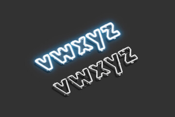 Neon v w x y z symbols, illuminated font mockup