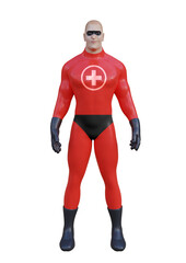 Doctor wearing superhero mask and red costume. Protection concept against viruses and diseases and superhero power for medicine