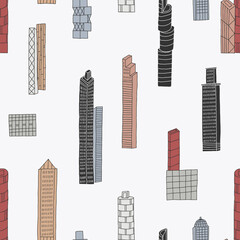 Skyscrapers in a modern city. Seamless pattern. Creative vector background for fabric, textile, nursery wallpaper. Hand drawn vector.
