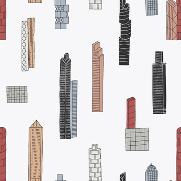 Skyscrapers in a modern city. Seamless pattern. Creative vector background for fabric, textile, nursery wallpaper. Hand drawn vector.