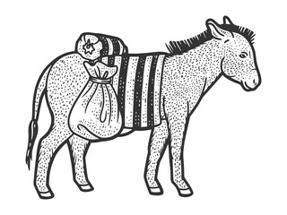 Donkey carrying heavy loads. Sketch scratch board imitation.