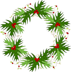 Cartoon Christmas New Year green wreath with red berry template. Vector illustration for games, background, pattern, decor. Print for fabrics and other surfaces.