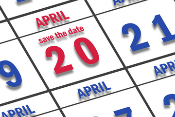 april 20th. Day 20 of month, Date marked Save the Date  on a calendar. spring month, day of the year concept