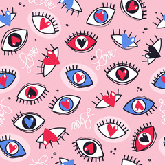 Collection of eyes with eyelashes, hearts, hand drawn backdrop. Colorful seamless pattern vector. Decorative wallpaper, good for printing. Overlapping background with organ of vision - 379357375