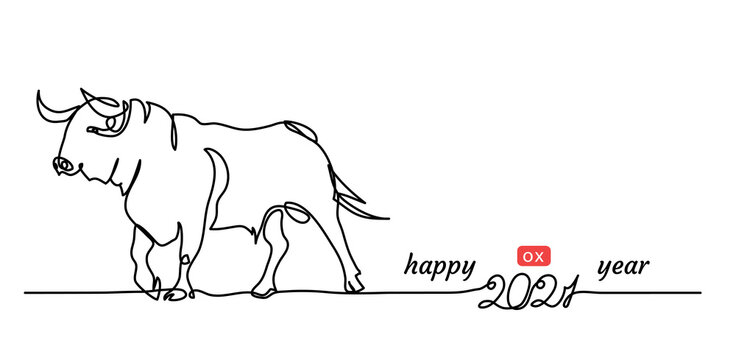 Chinese New Year 2021 Banner With White Cow, Bull. Happy Ox Year Simple Vector Banner, Background. One Continuous Line Drawing With Text 2021.