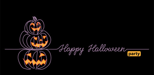 Halloween black background with pumpkin stack. One continuous line drawing with text Happy Halloween party. Black vector background, web banner, poster.